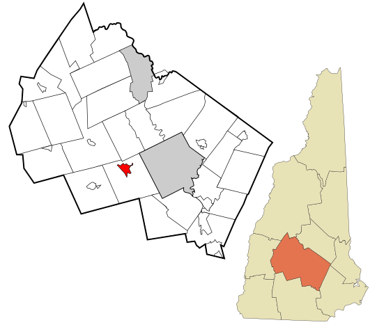 Outline map of New Hampshire and Merrimack County highlighting Contoocook