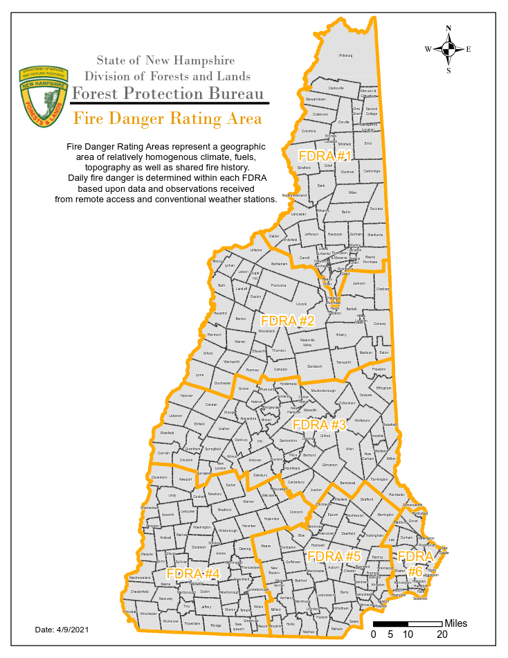 New Hampshire map of fire danger zones: 1,2,3 are stacked across the top 3/4 of the state, while 3,4,5,6 cover the souuthern portion from west to east.